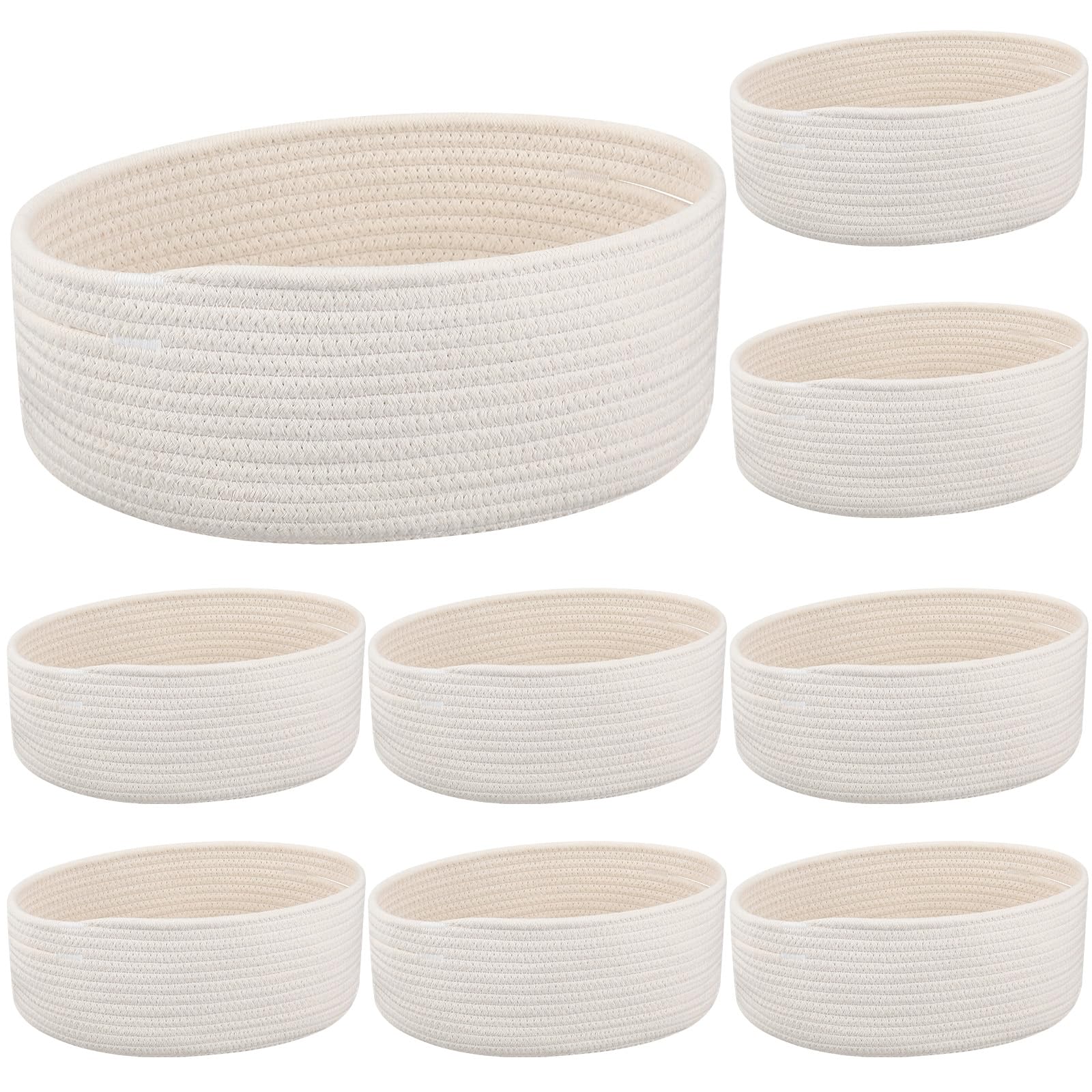 Dandat 9 Pcs Cotton Rope Woven Basket 13 x 9 x 5'' Oval Cute Basket with Handles Rope Organizing Baskets Shelf Baskets Closet Storage Bins for Living Room Playroom Baby Room Bedroom (White)