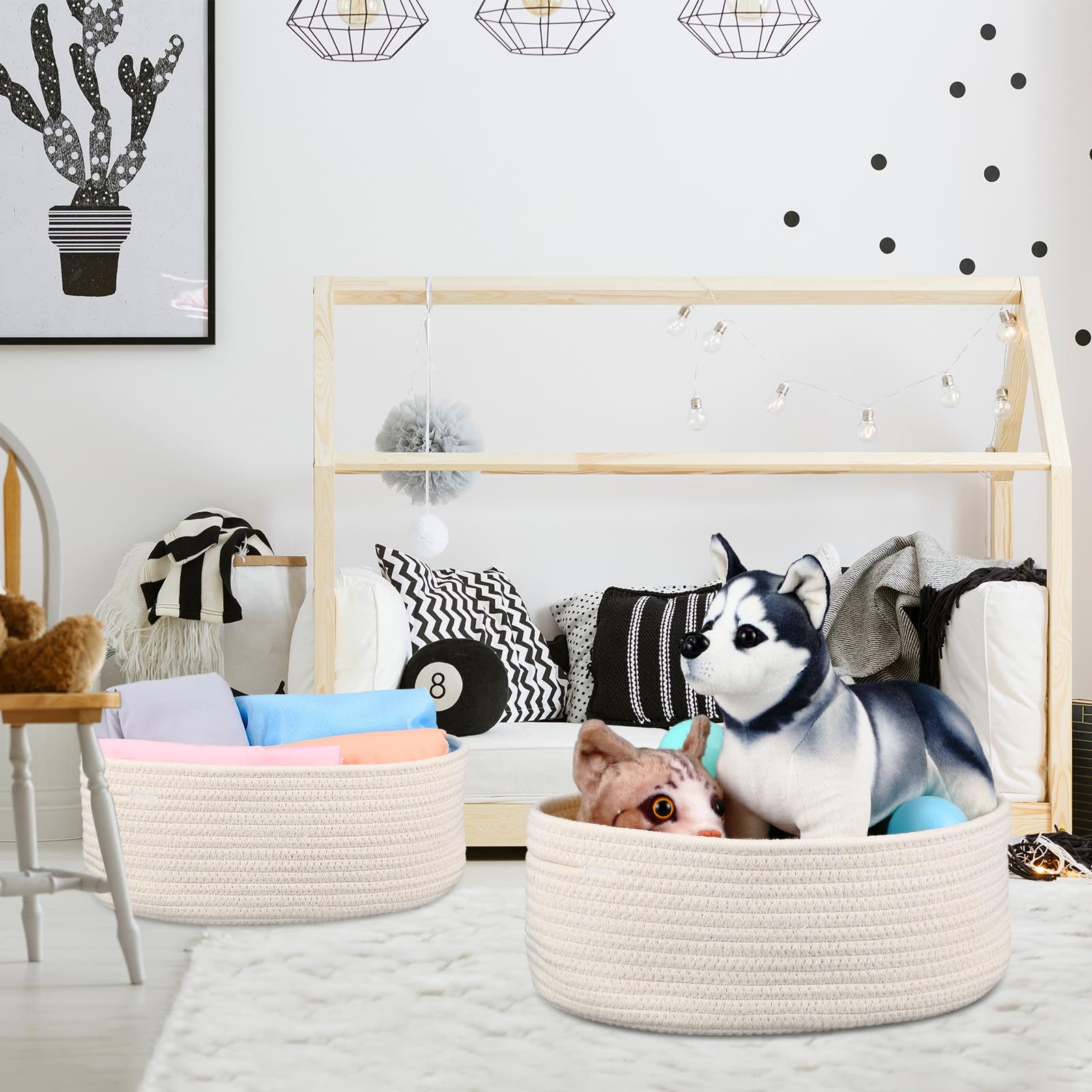 Dandat 9 Pcs Cotton Rope Woven Basket 13 x 9 x 5'' Oval Cute Basket with Handles Rope Organizing Baskets Shelf Baskets Closet Storage Bins for Living Room Playroom Baby Room Bedroom (White)