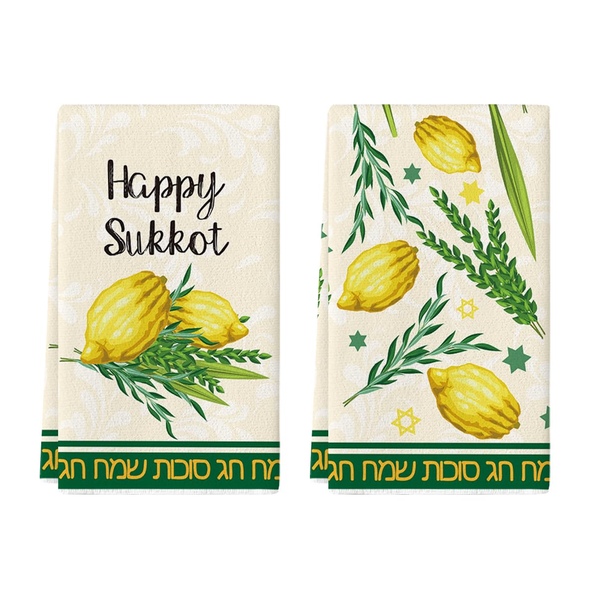 Artoid Mode Lemons Happy Sukkot Kitchen Towels Dish Towels, 18x26 Inch Hebrew Etrog Lulav Decoration Hand Towels Set of 2