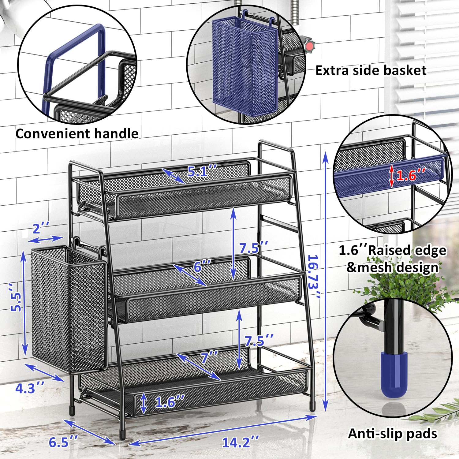 EKNITEY Bathroom Countertop Organizer Shelf - 3 Tier Counter Spice Rack Metal Makeup Rack Small Coffee Station Organizer for Sink/Bedroom/Living room/Kitchen/Office