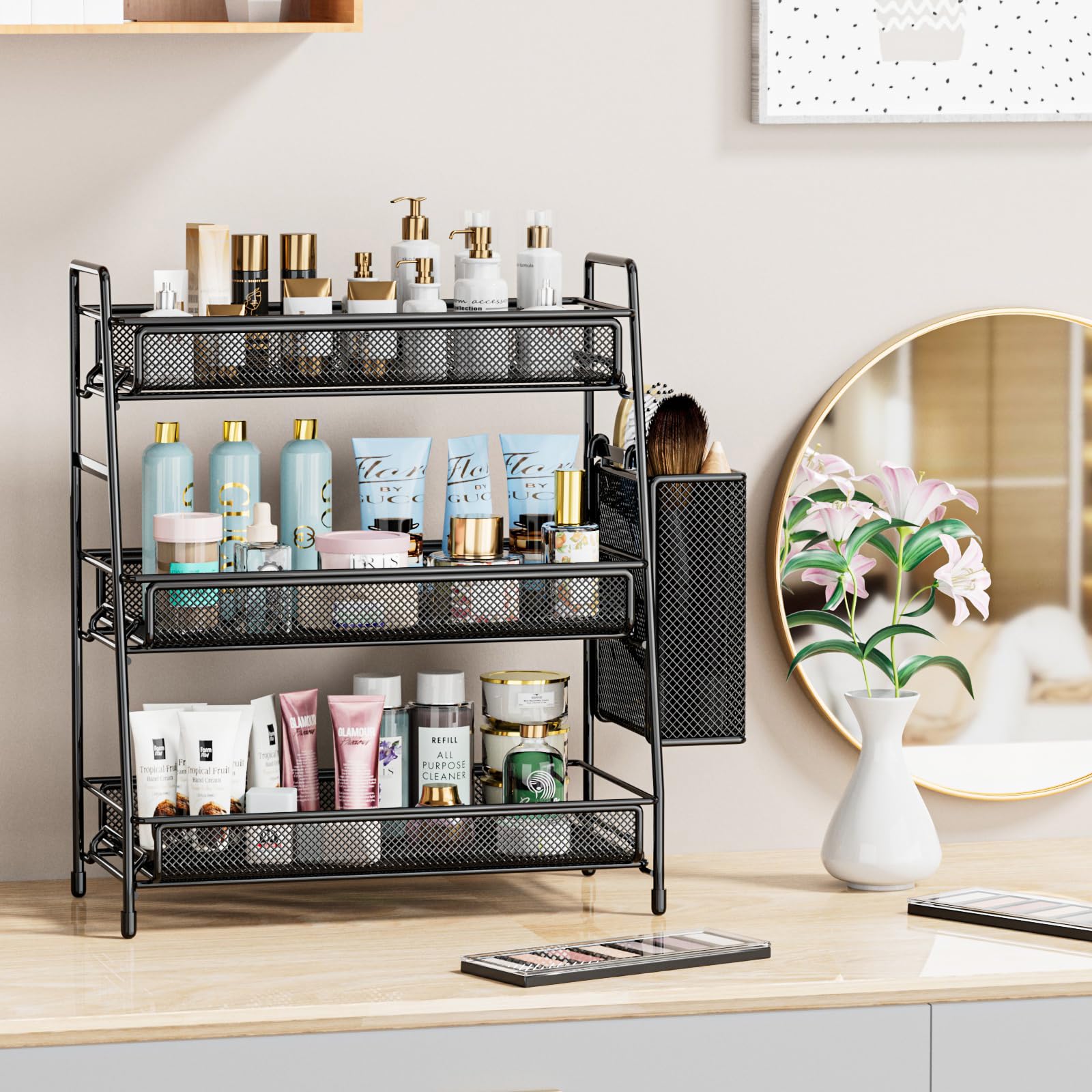 EKNITEY Bathroom Countertop Organizer Shelf - 3 Tier Counter Spice Rack Metal Makeup Rack Small Coffee Station Organizer for Sink/Bedroom/Living room/Kitchen/Office