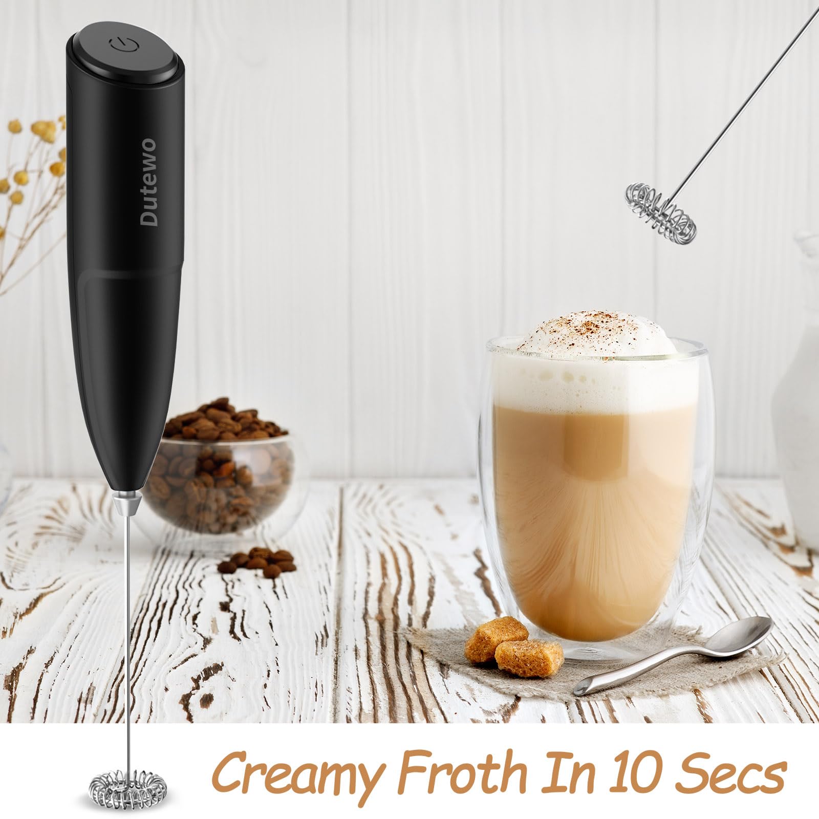 Hand Mixer Milk Frother for Coffee - Dutewo Frother Handheld Foam Maker for Lattes, Electric whisk Drink Mixer Mini Foamer for Cappuccino, Frappe, Matcha, Hot Chocolate, Black