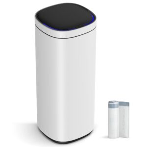 songmics motion sensor trash can, 13 gallon automatic kitchen garbage can, multi-colored indicator lights, ozone odor control, stay-open lid, tall, stainless steel, white ultb620w50
