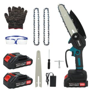 mini chainsaw 6-inch cordless power chain saws with security lock small handheld chain saw with 2 x 24v 6500mah battery 2 chains for wood cutting, tree trimming, gardening, courtyard and garden, blue