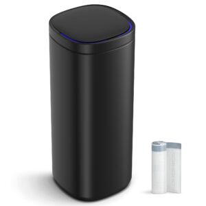 songmics motion sensor trash can, 13 gallon automatic kitchen garbage can, multi-colored indicator lights, ozone odor control, stay-open lid, tall, stainless steel, black ultb620b50