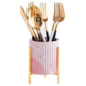 yosco kitchen utensil holder,ceramic silverware holder,flatware organizers with golden metal frame for home, kitchen,restaurant,countertop (pink-1)