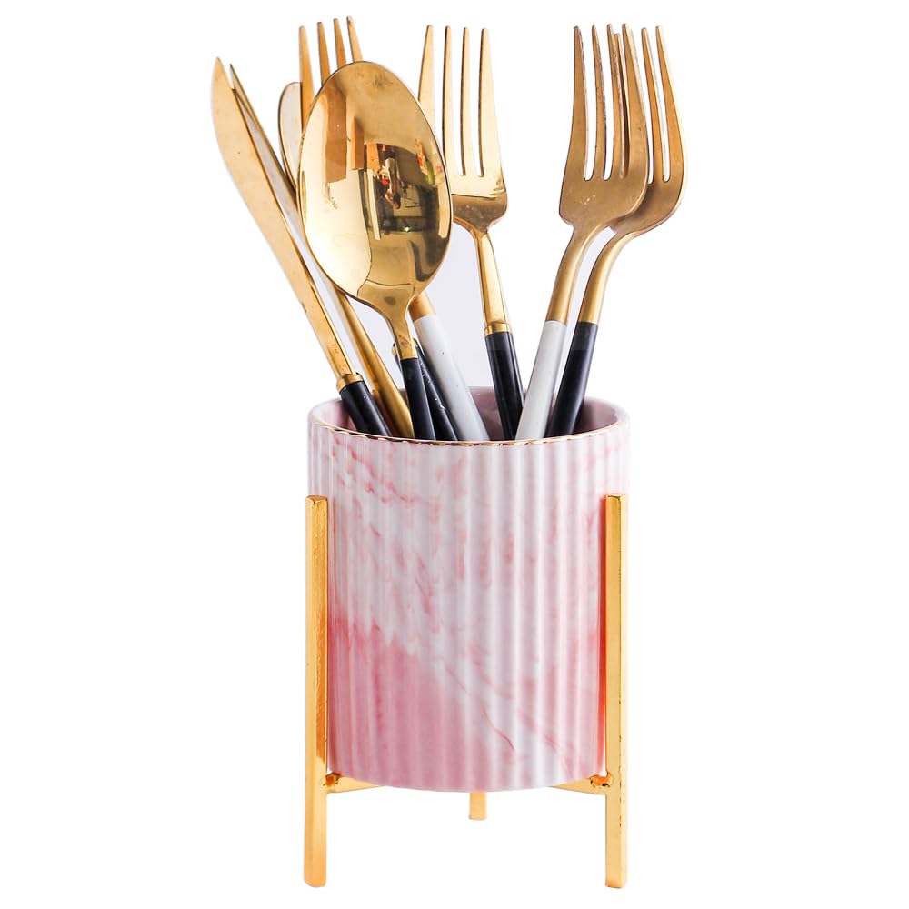 YOSCO Kitchen Utensil Holder,Ceramic Silverware Holder,Flatware Organizers with Golden Metal Frame for Home, Kitchen,Restaurant,Countertop (Pink-1)