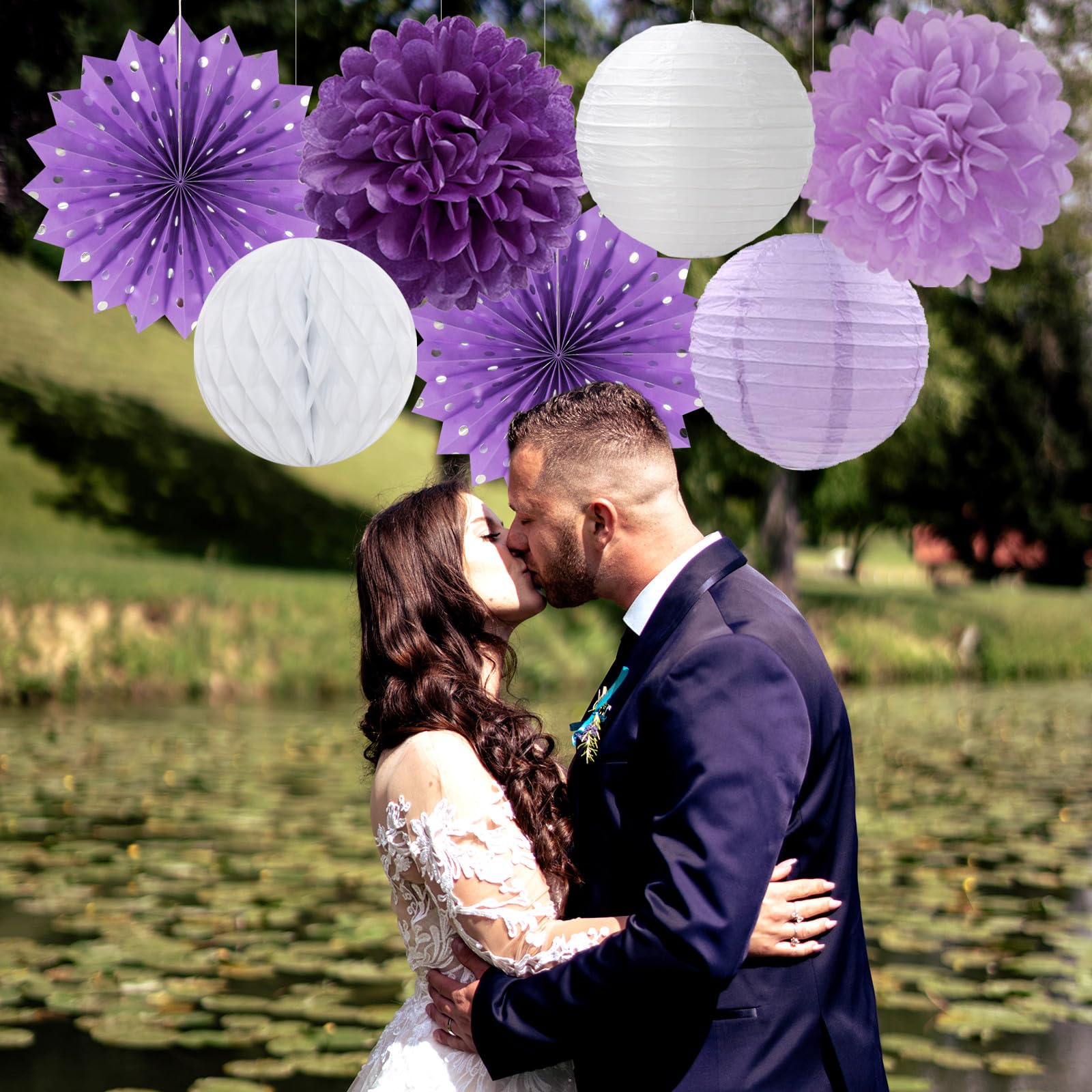 Purple-White Lavender Party Decorations Streamers - 14pcs Women Girl Birthday Paper Lanterns Fan,Tissue Pom Poms,Baby Bridal Shower Wedding Engagement Bachelorette Graduation Decor Lasting Surprise