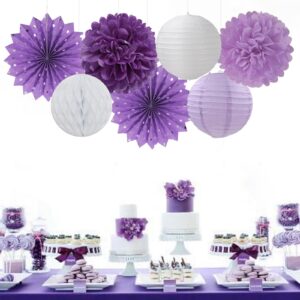 Purple-White Lavender Party Decorations Streamers - 14pcs Women Girl Birthday Paper Lanterns Fan,Tissue Pom Poms,Baby Bridal Shower Wedding Engagement Bachelorette Graduation Decor Lasting Surprise