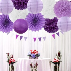 Purple-White Lavender Party Decorations Streamers - 14pcs Women Girl Birthday Paper Lanterns Fan,Tissue Pom Poms,Baby Bridal Shower Wedding Engagement Bachelorette Graduation Decor Lasting Surprise