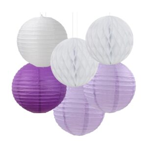 Purple-White Lavender Party Decorations Streamers - 14pcs Women Girl Birthday Paper Lanterns Fan,Tissue Pom Poms,Baby Bridal Shower Wedding Engagement Bachelorette Graduation Decor Lasting Surprise