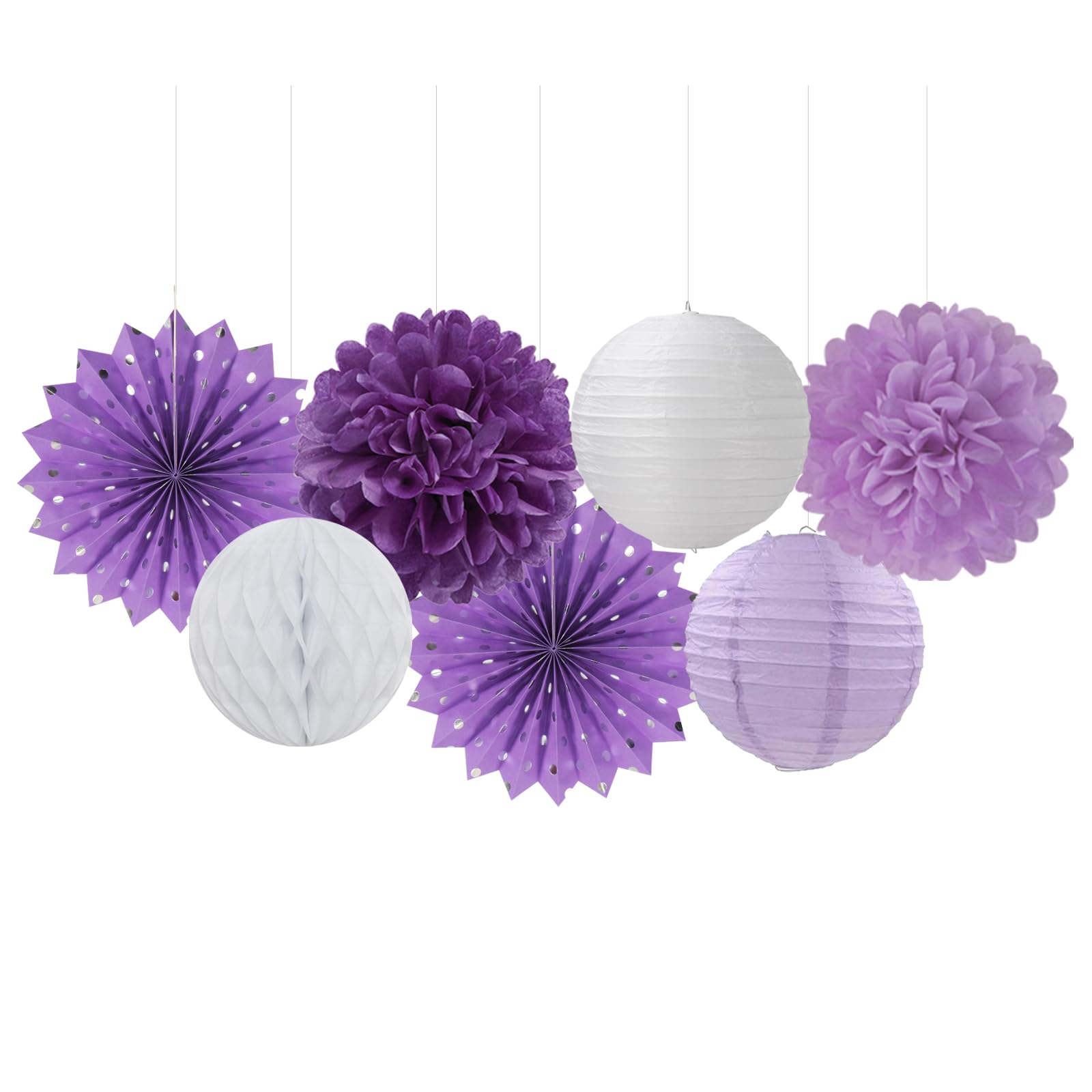 Purple-White Lavender Party Decorations Streamers - 14pcs Women Girl Birthday Paper Lanterns Fan,Tissue Pom Poms,Baby Bridal Shower Wedding Engagement Bachelorette Graduation Decor Lasting Surprise