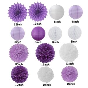 Purple-White Lavender Party Decorations Streamers - 14pcs Women Girl Birthday Paper Lanterns Fan,Tissue Pom Poms,Baby Bridal Shower Wedding Engagement Bachelorette Graduation Decor Lasting Surprise