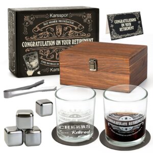 karsspor retirement gifts for men 2023, whiskey glass set in valued wooden box with coaster, whiskey rocks, ice tongs, funny retirement gifts for men, retirement party decorations