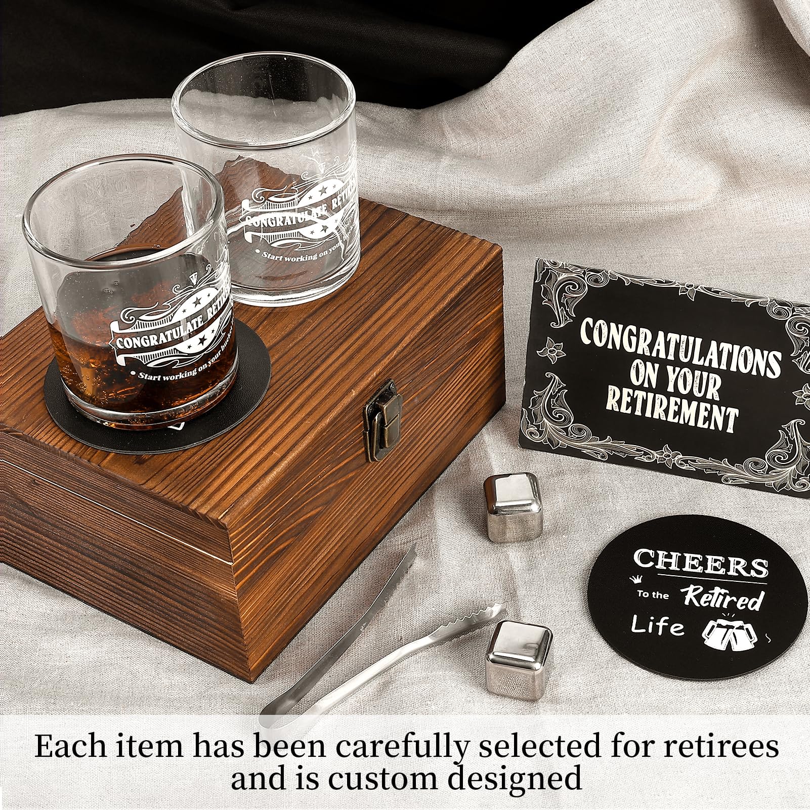 Karsspor Retirement Gifts for Men 2023, Whiskey Glass Set in Valued Wooden Box with Coaster, Whiskey Rocks, Ice Tongs, Funny Retirement Gifts for Men, Retirement Party Decorations