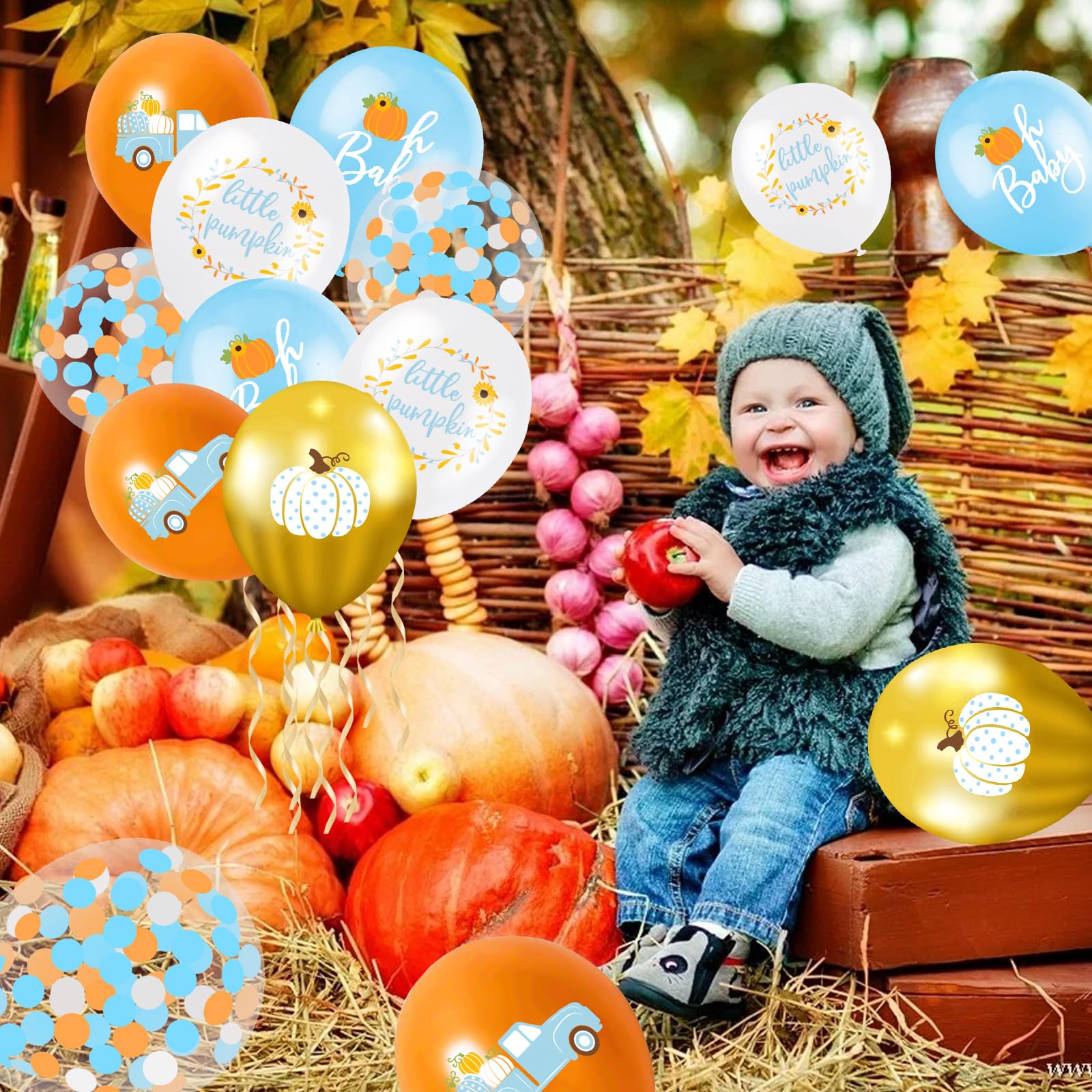 50 PCS Winter Little Pumpkin Party Balloons Baby Shower Balloons Maple Leaf Pumpkin Truck Gold Confetti Balloons for Birthday Little Pumpkin Baby Shower Wedding Christmas Party Decor