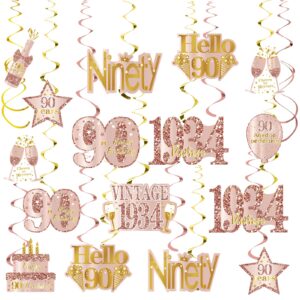 turypaty pink gold 90th birthday decorations hanging swirls for women, rose gold happy 90th birthday vintage 1934 foil swirls party supplies, ninety year old birthday ceiling decor