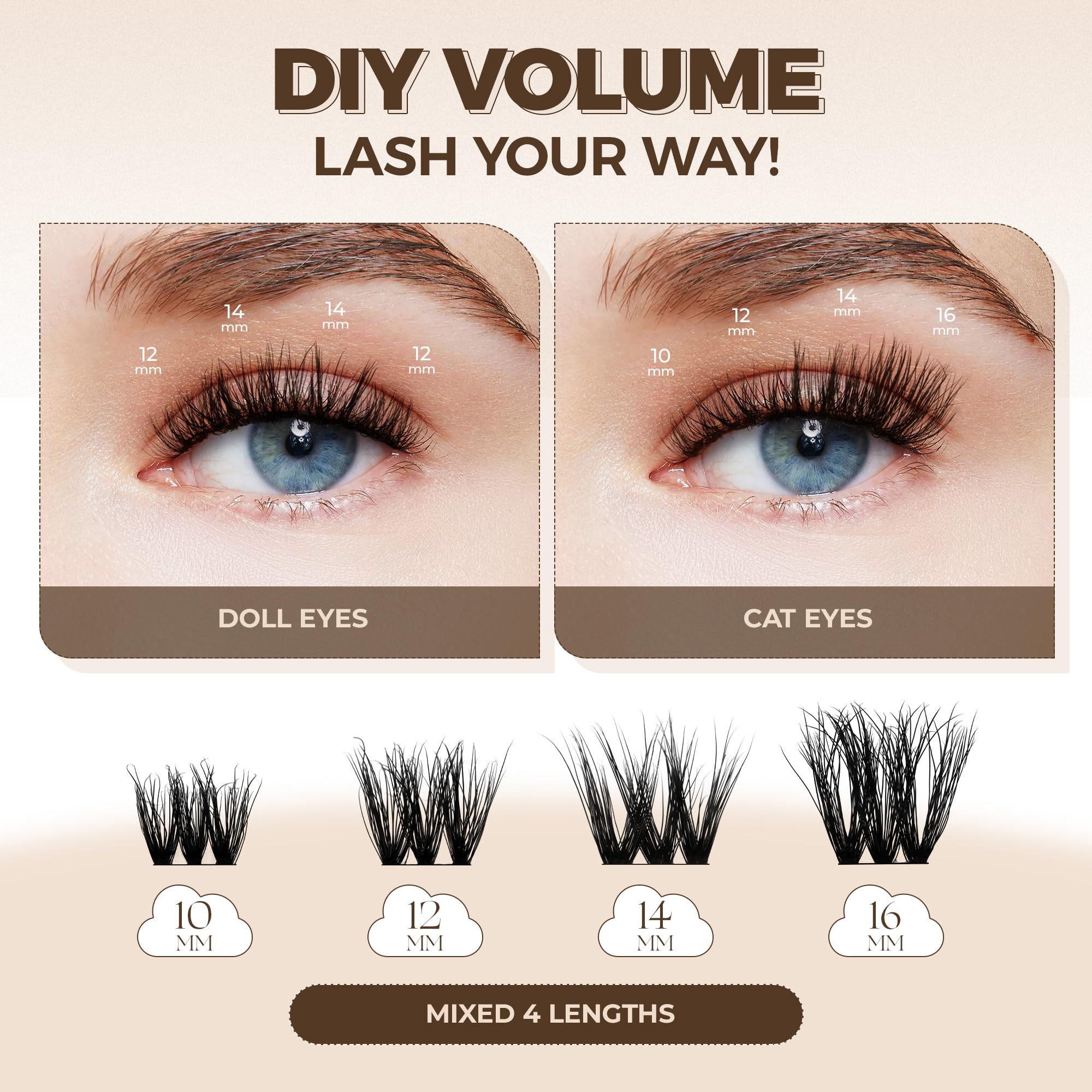 LASHVIEW Cluster Lashes Wispy Cluster Eyelash Extensions 3D DIY Lash Clusters 10-16mm Multilayered Eyelash Clusters, Reusable Fluffy Individual Lashes Cluster(ML 11)