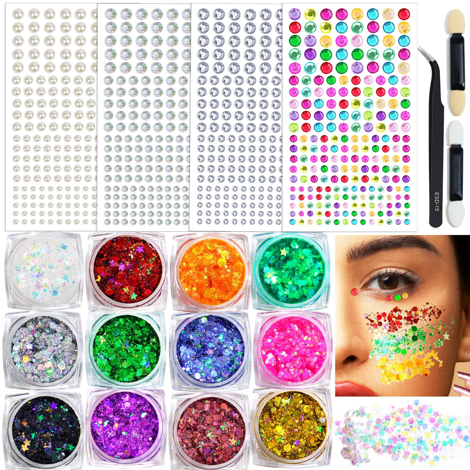 Hair Face Gems Jewels Stick on & Face Body Glitter Gel 12 Colors for Body Hair Face Eyes & Tweezers, Self Adhesive Hair Face Rhinestones & Glitter Gel for Festival Carnival Music Rave Party Makeup