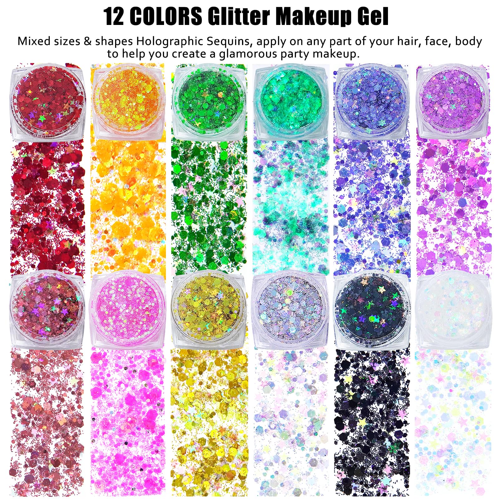 Hair Face Gems Jewels Stick on & Face Body Glitter Gel 12 Colors for Body Hair Face Eyes & Tweezers, Self Adhesive Hair Face Rhinestones & Glitter Gel for Festival Carnival Music Rave Party Makeup