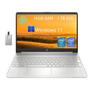hp 15.6" hd touchscreen student laptop, intel core i3-1215u, 16gb ram, 1tb pcie ssd, intel uhd graphics, hd webcam, wi-fi 5, bluetooth, silver, win 11, 32gb hotface usb card