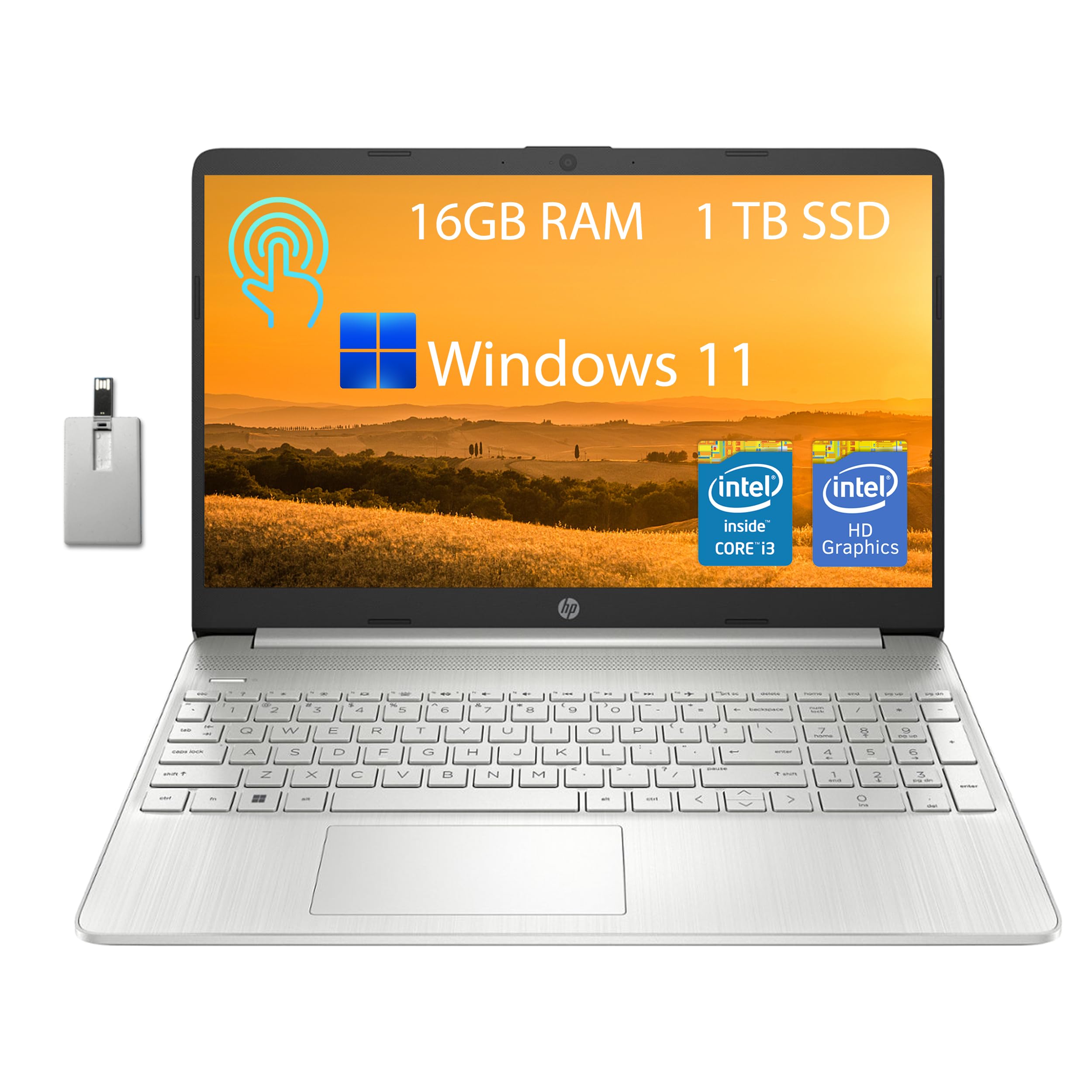 HP 15.6" HD Touchscreen Student Laptop, Intel Core i3-1215U, 16GB RAM, 1TB PCIe SSD, Intel UHD Graphics, HD Webcam, Wi-Fi 5, Bluetooth, Silver, Win 11, 32GB Hotface USB Card