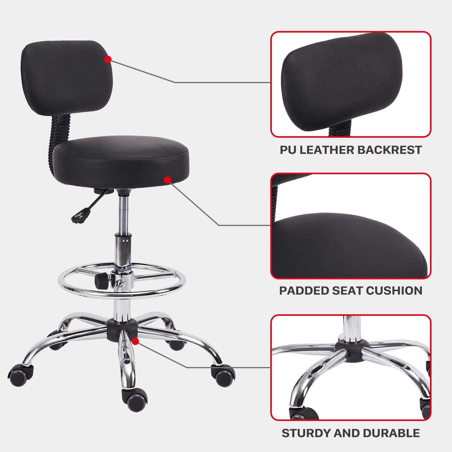 KLASIKA Drafting Swivel Chair with Back Support and Adjustable Footrest Rolling Stool, Multi-Purpose Office Desk Chair for Bar Kitchen Shop, Black