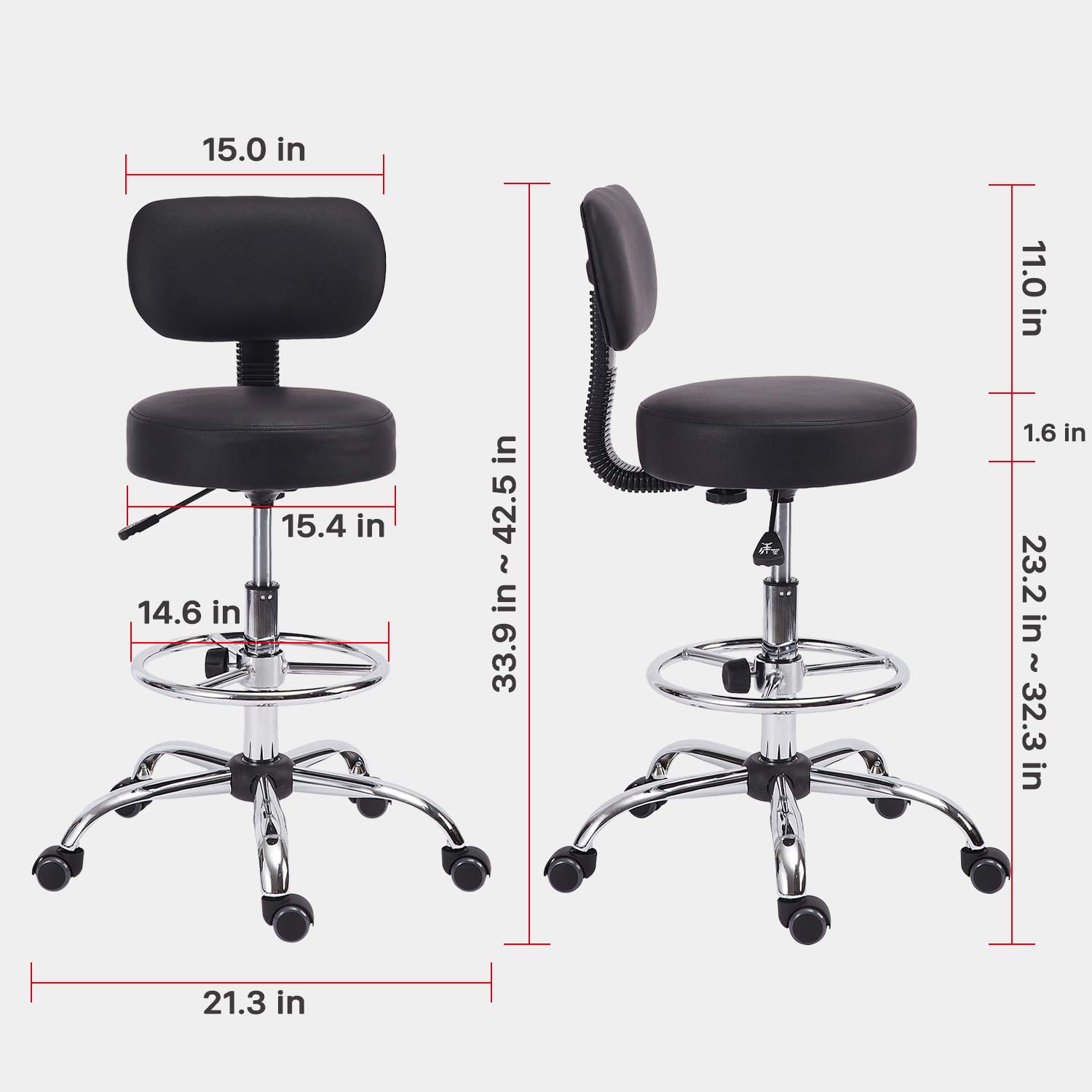 KLASIKA Drafting Swivel Chair with Back Support and Adjustable Footrest Rolling Stool, Multi-Purpose Office Desk Chair for Bar Kitchen Shop, Black