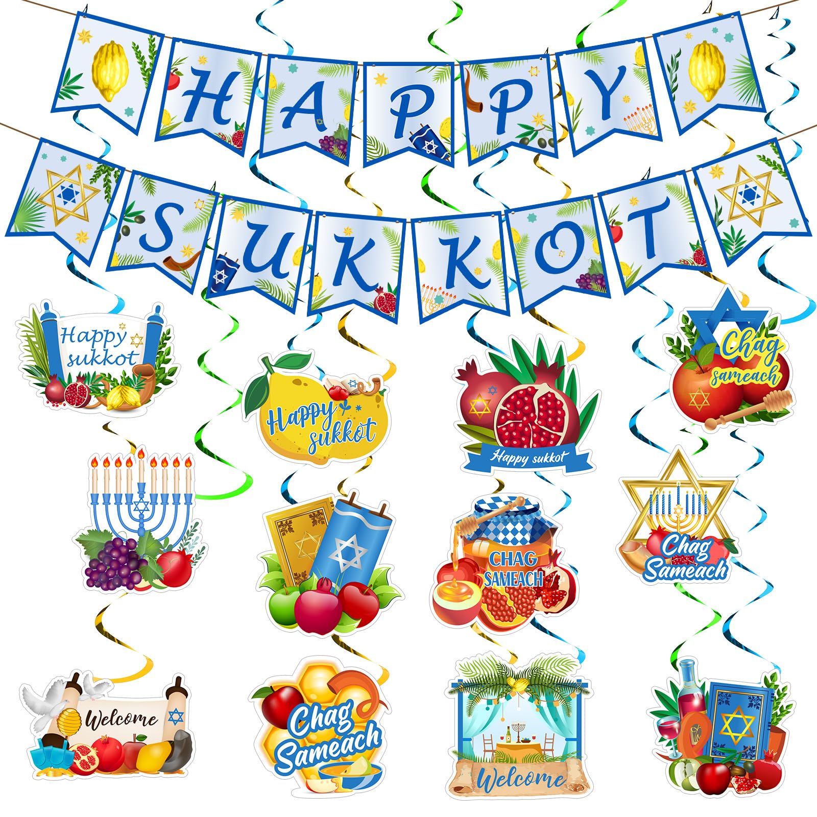 Newwiee 38 Pcs Happy Sukkot Hanging Swirls Sukkot Banners Sukkot Hanging Decorations Sukkot Glitter Foil Ceiling Swirls Streams Sukkah Decorations for Jewish Holiday