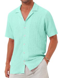 alimens & gentle men's seersucker hawaiian shirts casual short sleeve button down shirt for men summer beach shirt(mint green, large)