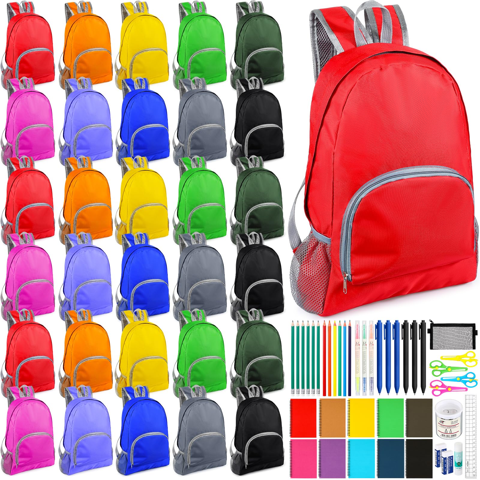 Colarr 30 Pack Backpacks Bulk Christmas Gift with 810 Piece School Supplies Kits Include Notebooks Ballpoint Pens Pencil Pouch Sharpeners Highlighters for Elementary Middle and High School Students