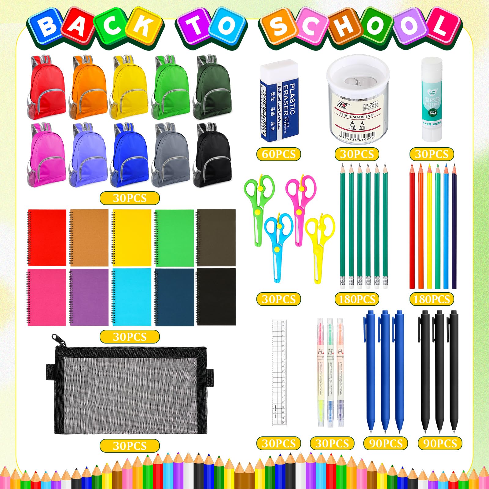 Colarr 30 Pack Backpacks Bulk Christmas Gift with 810 Piece School Supplies Kits Include Notebooks Ballpoint Pens Pencil Pouch Sharpeners Highlighters for Elementary Middle and High School Students