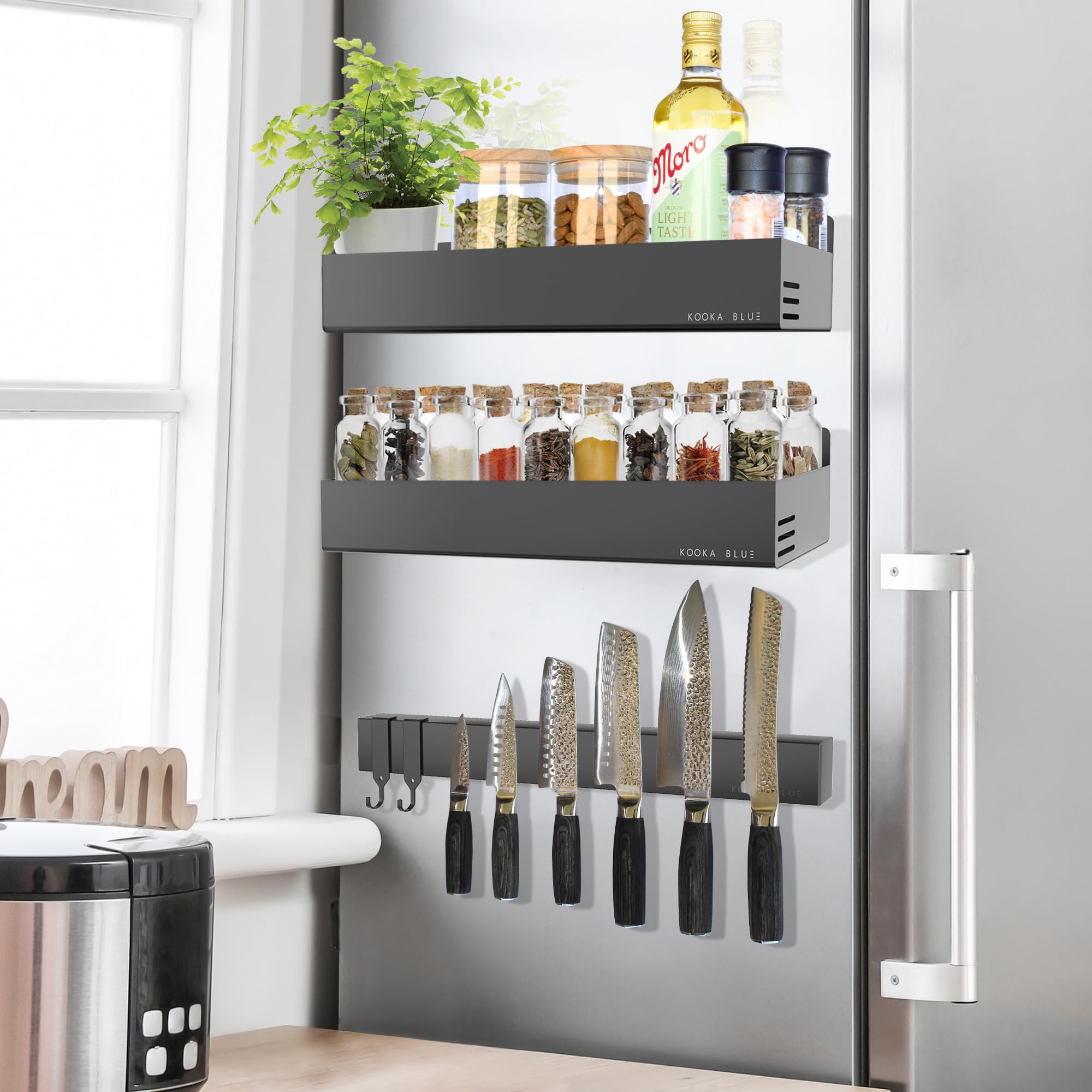 Knife Magnetic Strip For Fridge or Wall Plus 2 x Extra Large Magnetic Refrigerator Shelf. Commercial Strength Magnetic Knife Holder and Magnetic Kitchen Shelf. Magnetic Knife Strip and Shelves