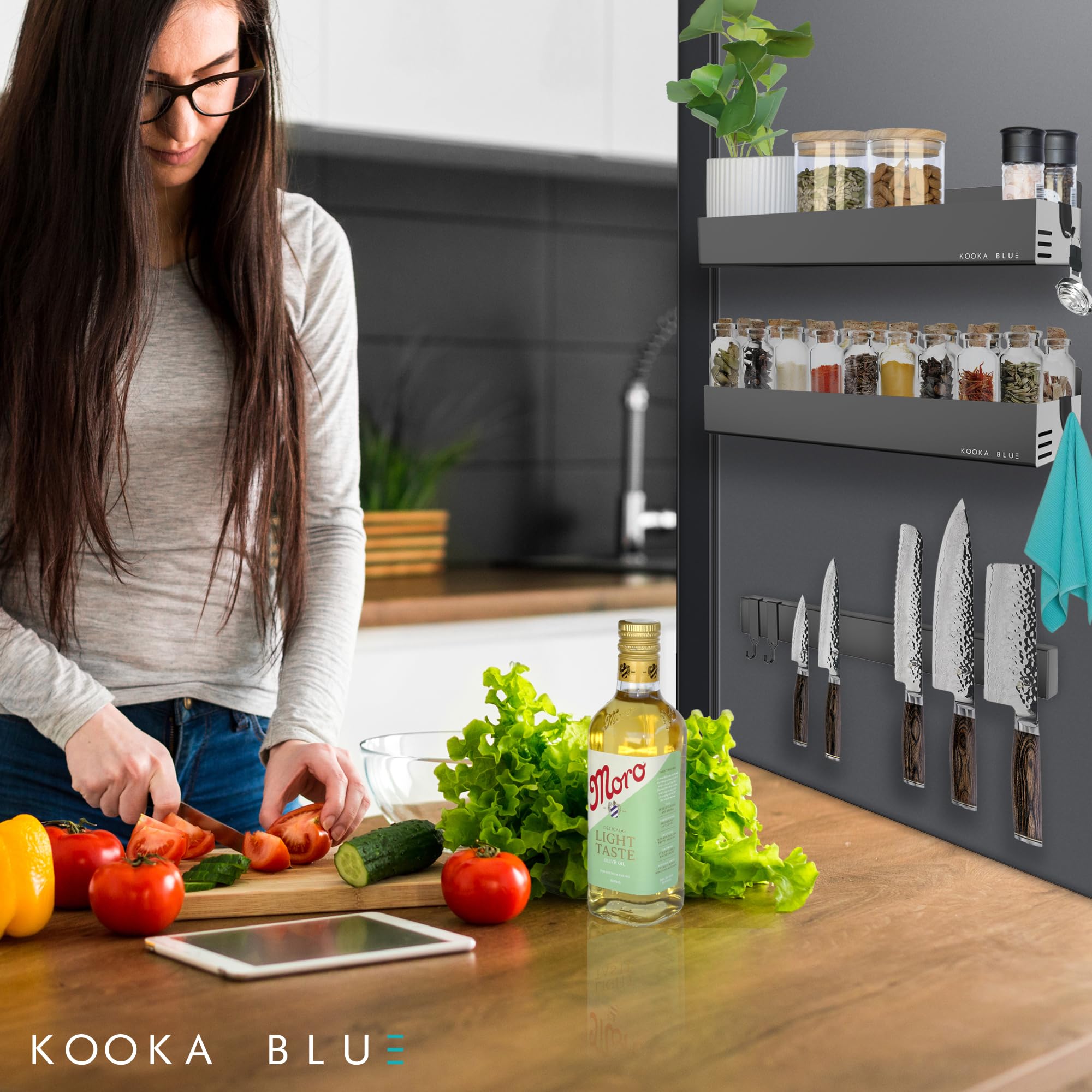 Knife Magnetic Strip For Fridge or Wall Plus 2 x Extra Large Magnetic Refrigerator Shelf. Commercial Strength Magnetic Knife Holder and Magnetic Kitchen Shelf. Magnetic Knife Strip and Shelves