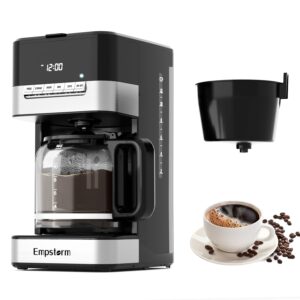 empstorm 12 cup programmable drip coffee maker - 1000w fast brew coffee machine with glass carafe, auto shut off & 4-hour keep warm, anti-drip system, strong brew, black with stainless steel accents