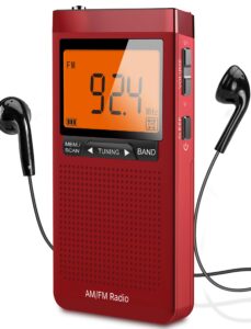 am fm portable radio personal radio with excellent reception battery operated by 2 aaa batteries with stero earphone, large lcd screen, digtail alarm clock radio(red)