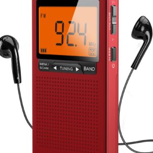 AM FM Portable Radio Personal Radio with Excellent Reception Battery Operated by 2 AAA Batteries with Stero Earphone, Large LCD Screen, Digtail Alarm Clock Radio(Red)