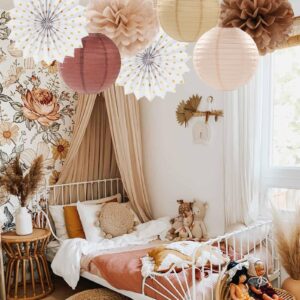 Boho Baby-Shower Party-Decorations Streamers-Lanterns - 14pcs White Brown Champagne Neutral Birthday Wedding Bridal Paper Fan,Tissue Pom Poms,Honeycomb Balls,Engagement Fall Christmas Decor Ouruola