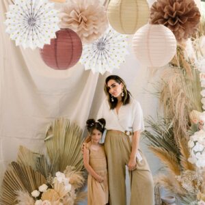 Boho Baby-Shower Party-Decorations Streamers-Lanterns - 14pcs White Brown Champagne Neutral Birthday Wedding Bridal Paper Fan,Tissue Pom Poms,Honeycomb Balls,Engagement Fall Christmas Decor Ouruola