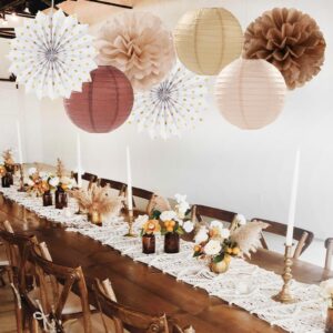 Boho Baby-Shower Party-Decorations Streamers-Lanterns - 14pcs White Brown Champagne Neutral Birthday Wedding Bridal Paper Fan,Tissue Pom Poms,Honeycomb Balls,Engagement Fall Christmas Decor Ouruola