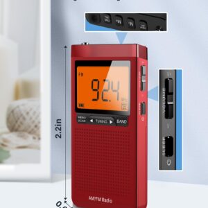 AM FM Portable Radio Personal Radio with Excellent Reception Battery Operated by 2 AAA Batteries with Stero Earphone, Large LCD Screen, Digtail Alarm Clock Radio(Red)