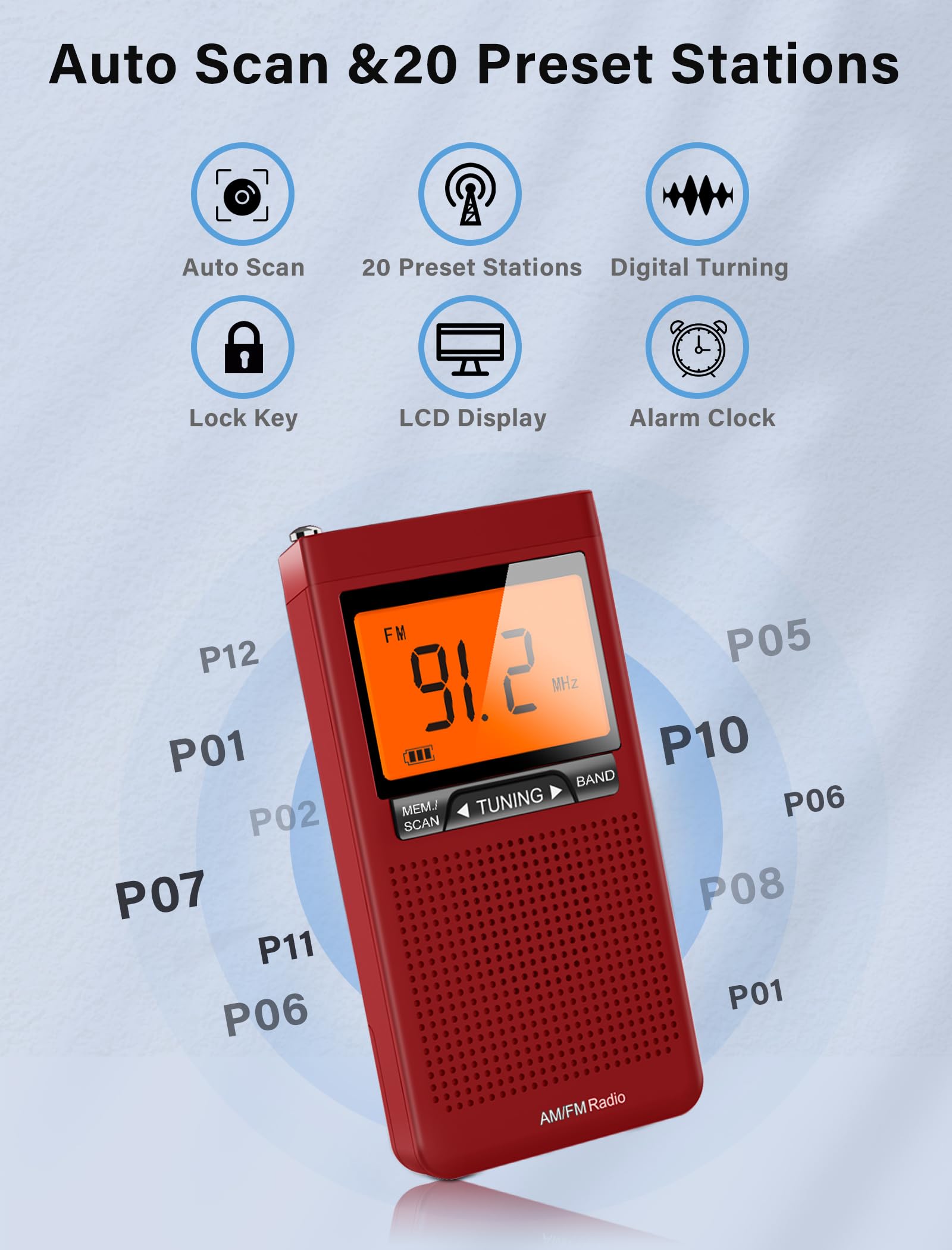 AM FM Portable Radio Personal Radio with Excellent Reception Battery Operated by 2 AAA Batteries with Stero Earphone, Large LCD Screen, Digtail Alarm Clock Radio(Red)