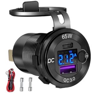 83w 12 volt usb outlet built-in boost usb c laptop car charger: ouffun 65w pd3.0 and 18w qc3.0 car usb port aluminum socket with button switch smart voltmeter, suitable for car rv marine golf cart