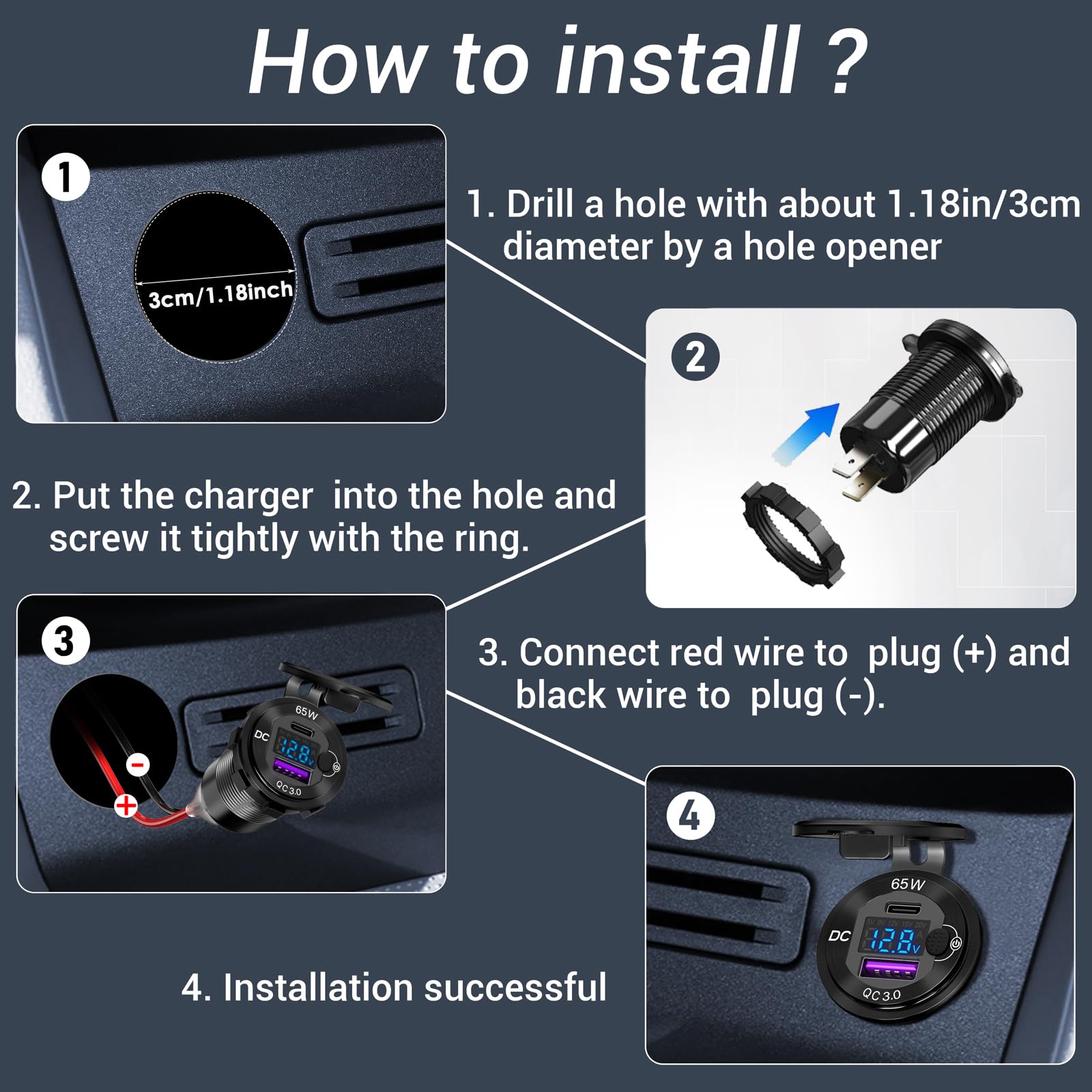 83W 12 Volt USB Outlet Built-in Boost USB C Laptop Car Charger: Ouffun 65W PD3.0 and 18W QC3.0 Car USB Port Aluminum Socket with Button Switch Smart Voltmeter, Suitable for Car RV Marine Golf Cart