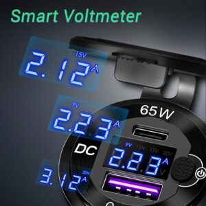 83W 12 Volt USB Outlet Built-in Boost USB C Laptop Car Charger: Ouffun 65W PD3.0 and 18W QC3.0 Car USB Port Aluminum Socket with Button Switch Smart Voltmeter, Suitable for Car RV Marine Golf Cart