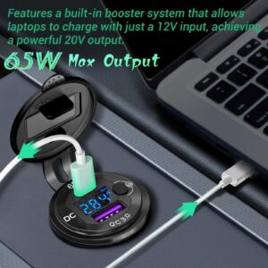83W 12 Volt USB Outlet Built-in Boost USB C Laptop Car Charger: Ouffun 65W PD3.0 and 18W QC3.0 Car USB Port Aluminum Socket with Button Switch Smart Voltmeter, Suitable for Car RV Marine Golf Cart