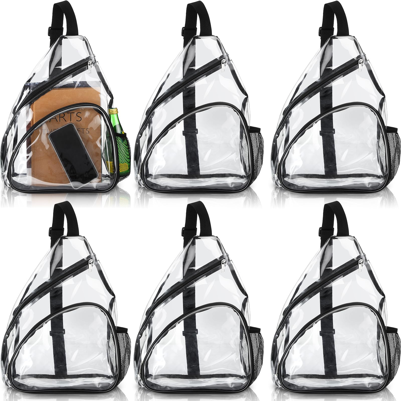 Silkfly 6 Piece Transparent Sling Bag Transparent Backpack Stadium Approved Plastic Clear Shoulder Crossbody Backpack with Water Holders for Sports Event Concert Travel Stadium