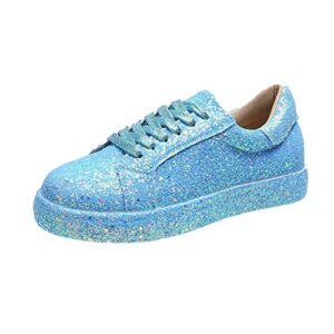 Hbeylia Sequin Sneakers for Women Rhinestones Sparkly Chunky Bottom Lace Up Walking Running Tennis Shoes Breathable Anti Slip Low Top Fall Walking Driving Play Sneakers Athletic Sport Shoes Blue