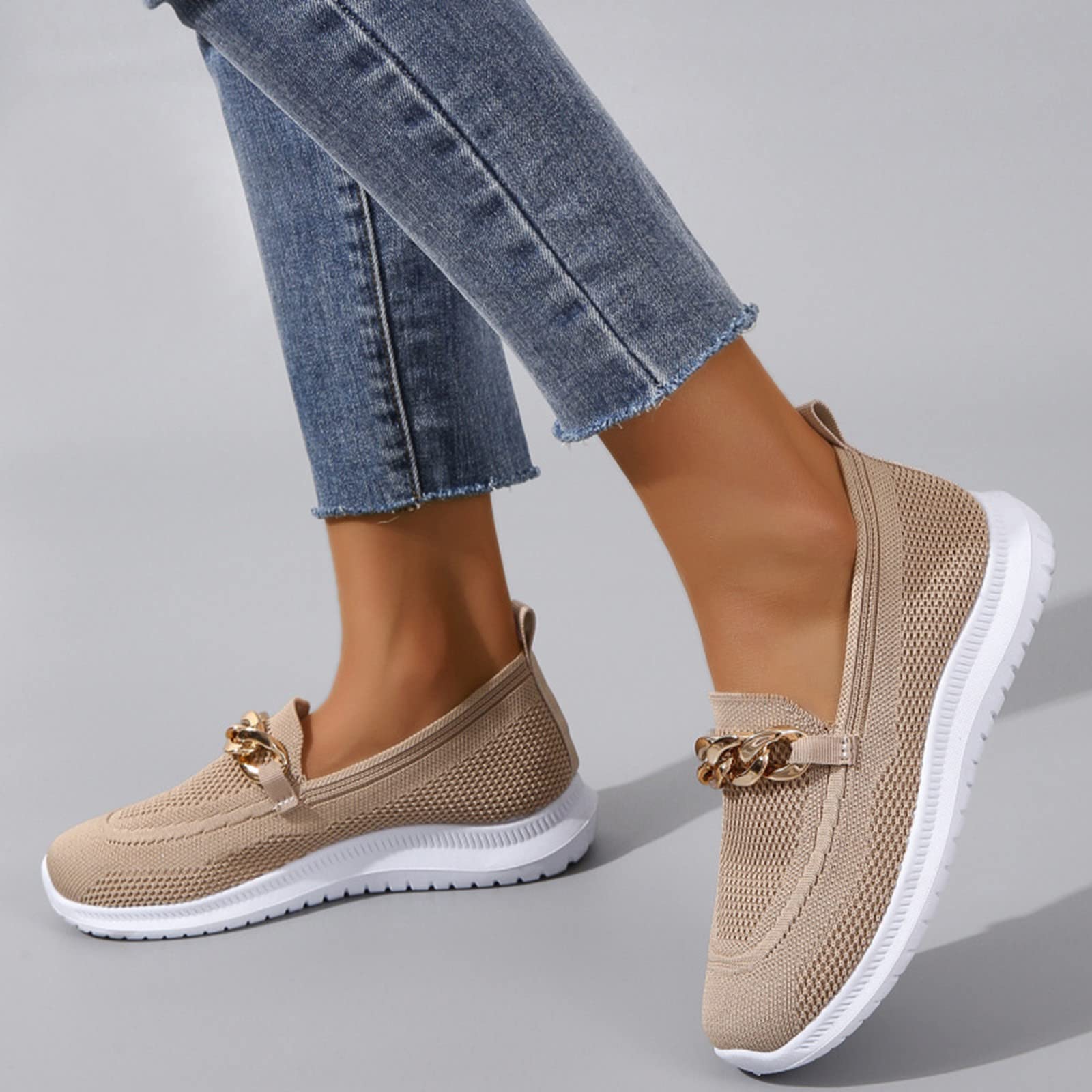 Hbeylia Platform Slip On Mesh Sneakers for Women Casual Breathable Mesh Air Cushion Metal Chain Design Trendy Chunky Bottom Low Top Canvas Shoes Flats Walking Shoes Play Sneakers Loafers Khaki