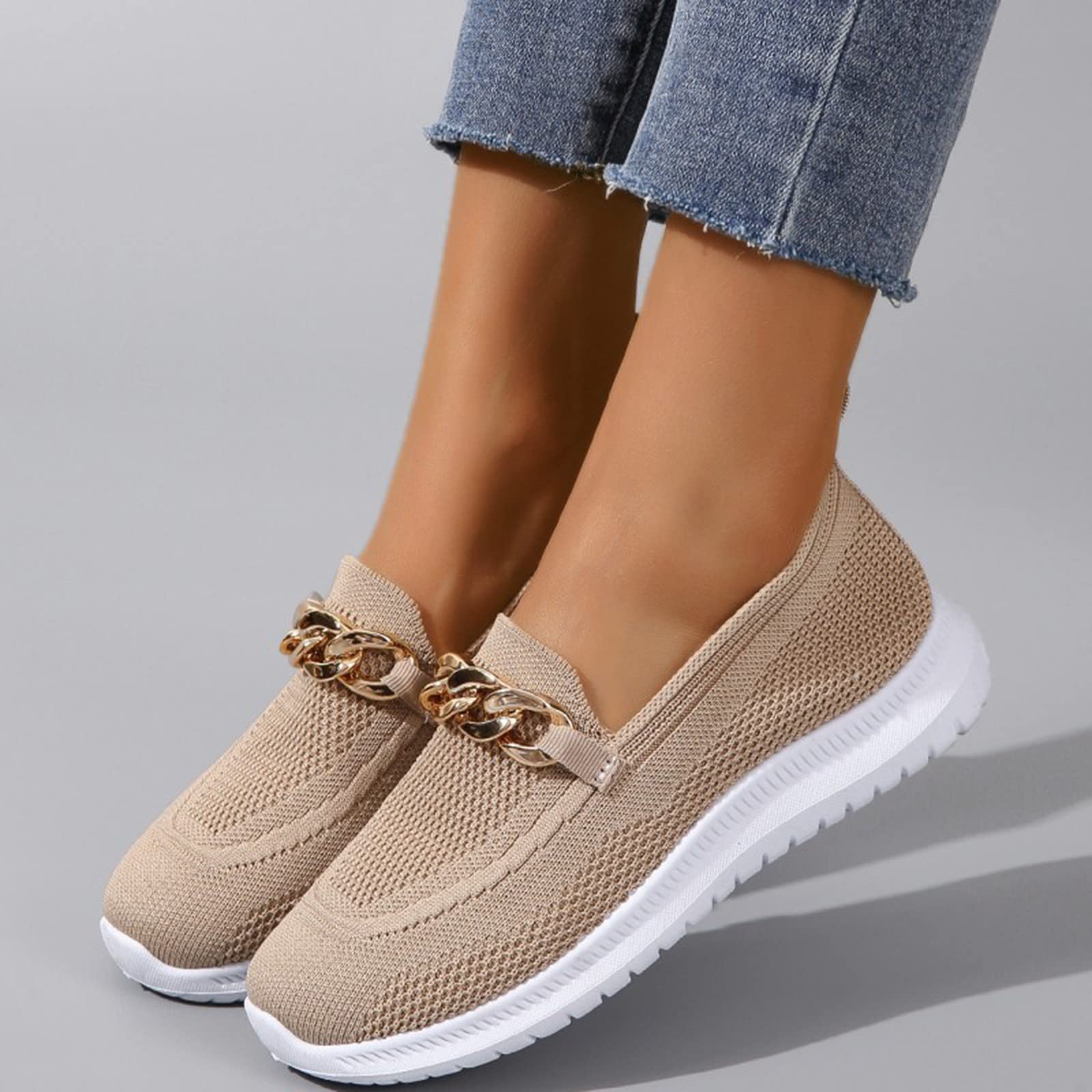 Hbeylia Platform Slip On Mesh Sneakers for Women Casual Breathable Mesh Air Cushion Metal Chain Design Trendy Chunky Bottom Low Top Canvas Shoes Flats Walking Shoes Play Sneakers Loafers Khaki